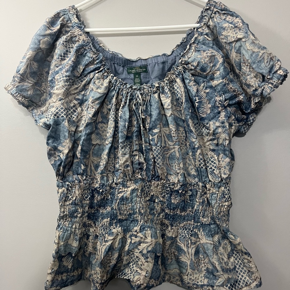 Ralph Lauren Blue and Cream Floral Peasant Blouse